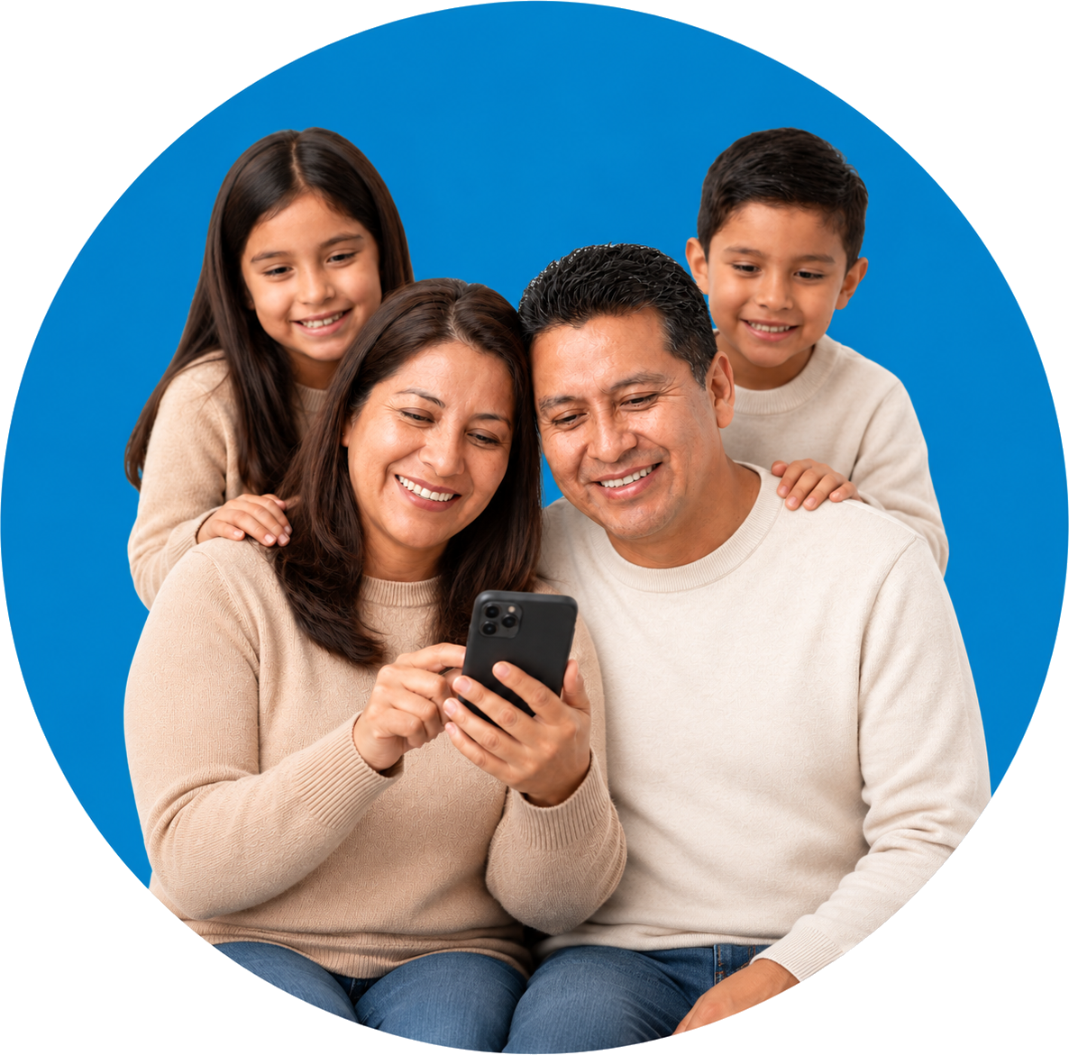 Family checking Blue Cross health plans together on a phone